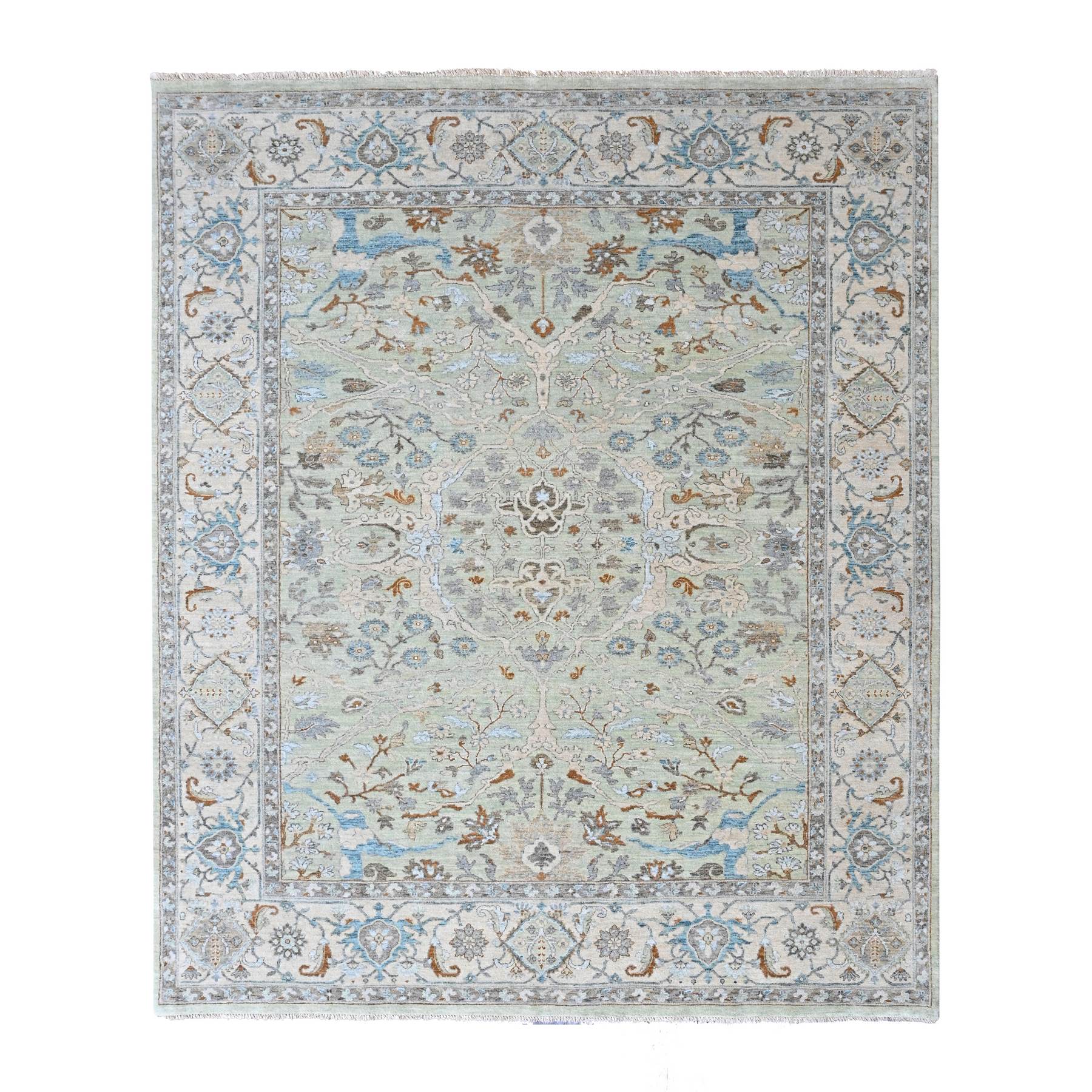 8'x10' Pistachio Green, Oushak with Floral Motifs, Denser Weave, Hand Knotted, Pure Wool, Soft Pile, Oriental Rug 